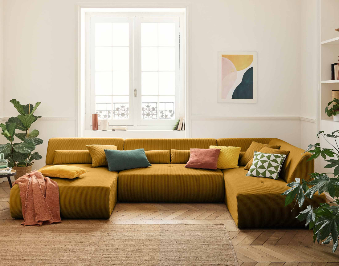 Canapé panoramique modulable d'angle droit 7 places en velours côtelé Onyx