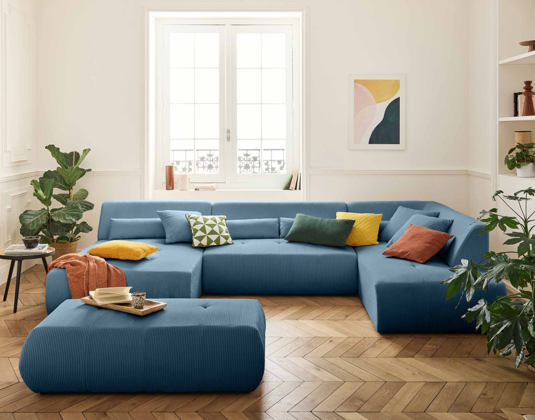 Canapé panoramique modulable d'angle droit 7 places en velours côtelé Onyx