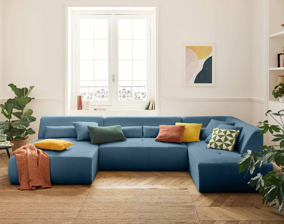 Canapé panoramique modulable d'angle droit 7 places en velours côtelé Onyx