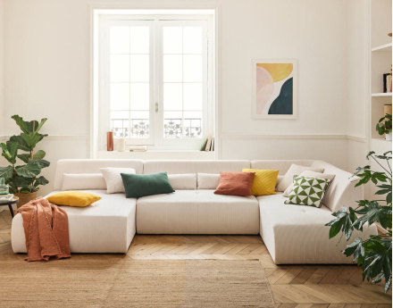 Canapé panoramique modulable d'angle droit 7 places en velours côtelé Onyx