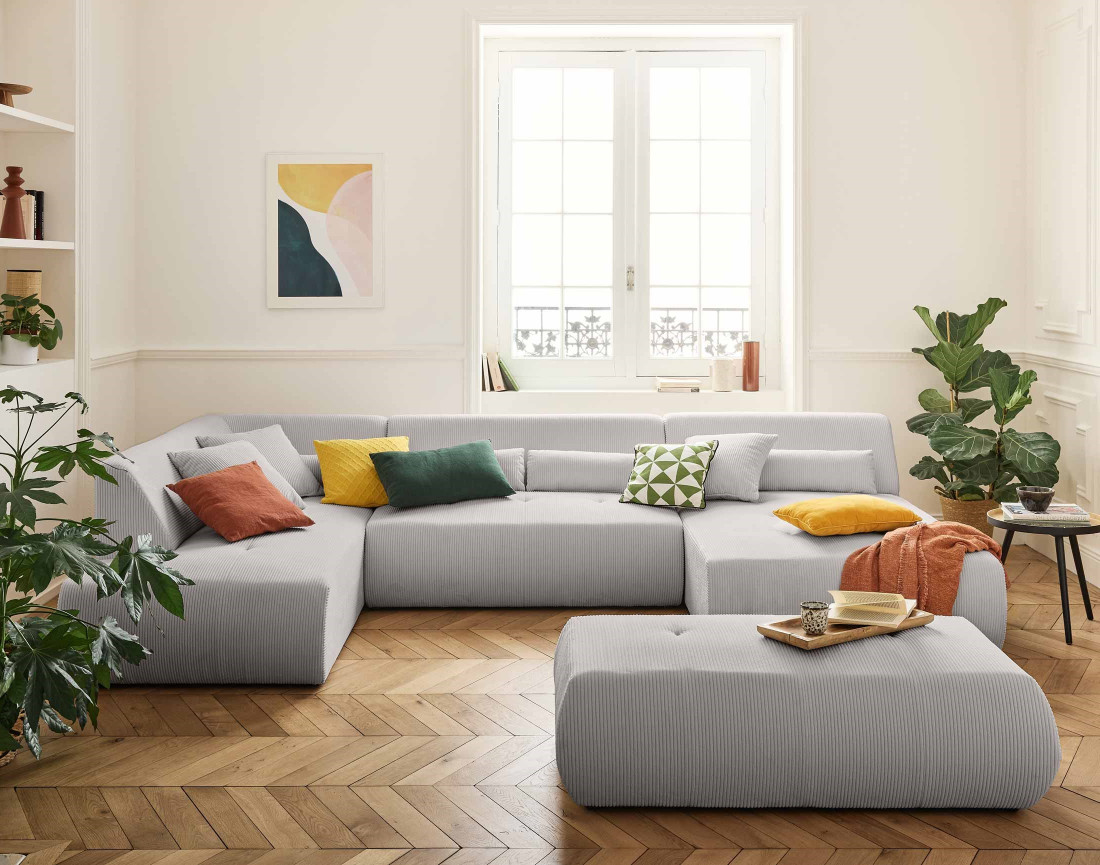 Canapé modulable d'angle gauche 7 places en velours côtelé Onyx