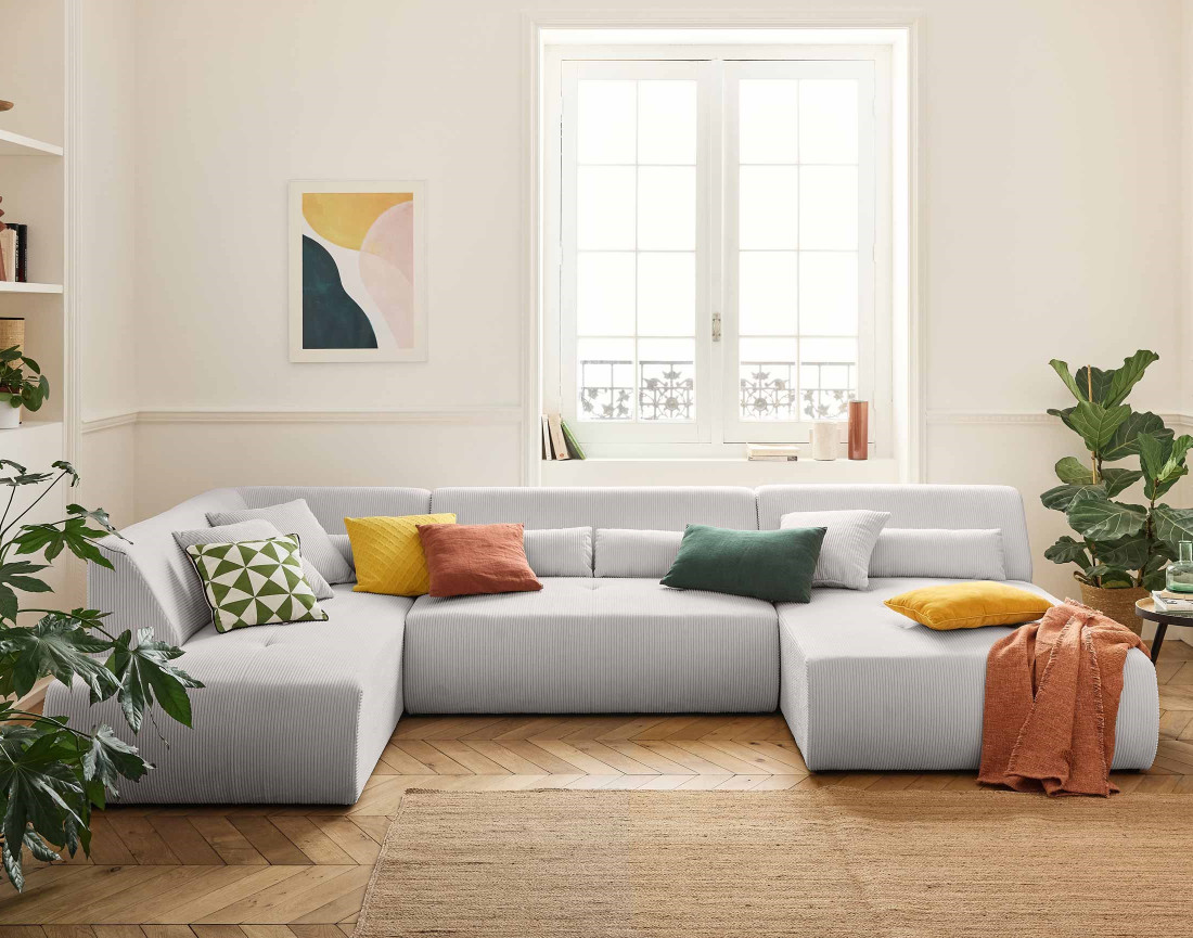 Canapé modulable d'angle gauche 7 places en velours côtelé Onyx