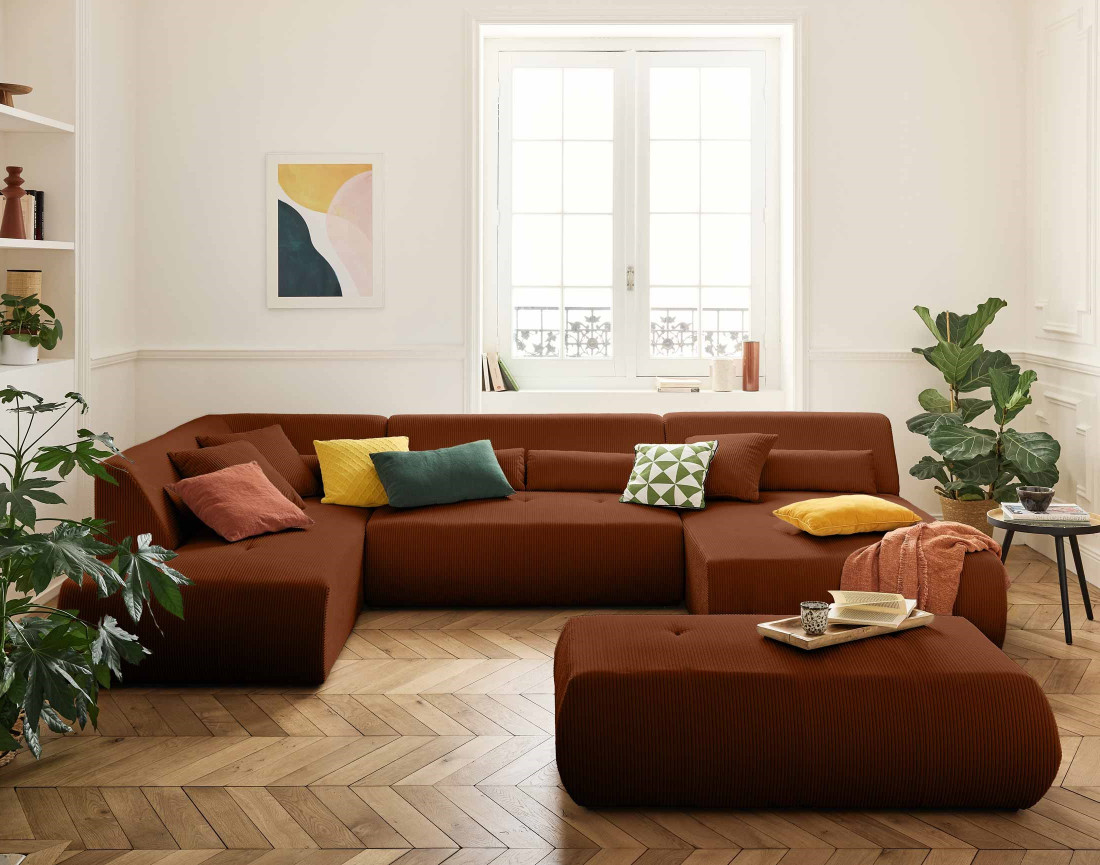 Canapé modulable d'angle gauche 7 places en velours côtelé Onyx