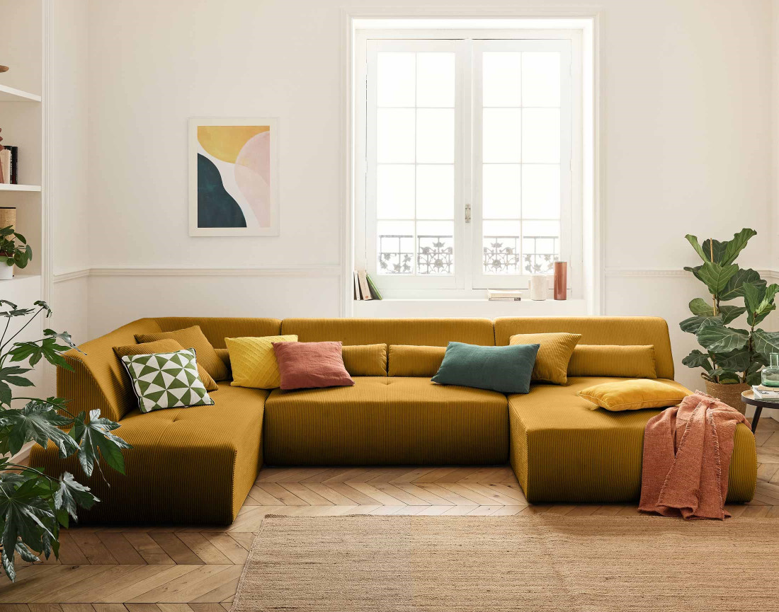 Canapé modulable d'angle gauche 7 places en velours côtelé Onyx