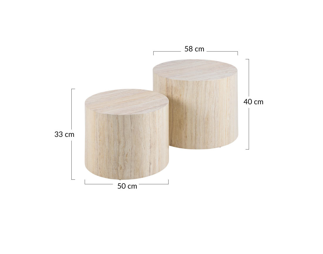 Lot de deux tables basses rondes effet travertin 58 et 50 cm Pueblo