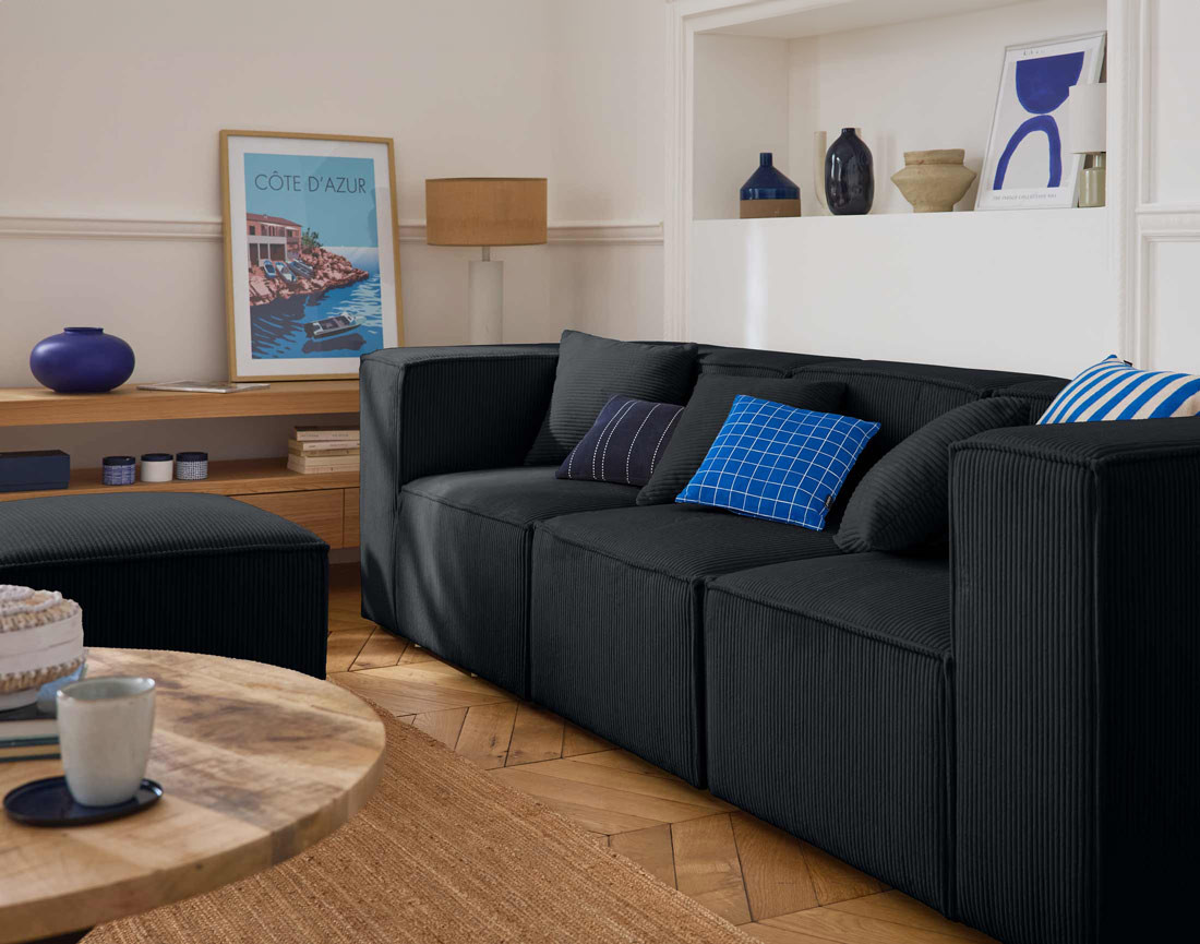 Canapé modulable 3 places en velours côtelé Arty