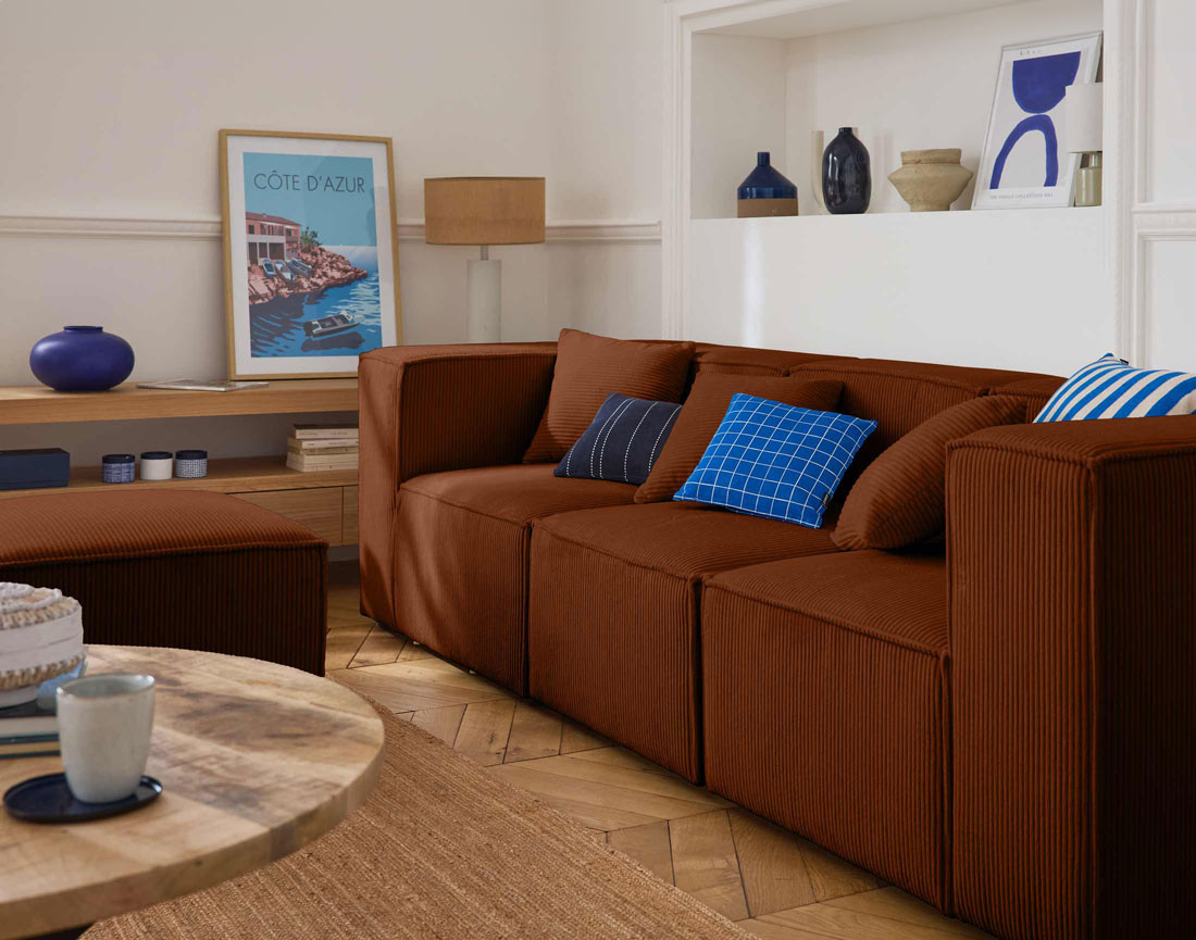 Canapé modulable 3 places en velours côtelé Arty