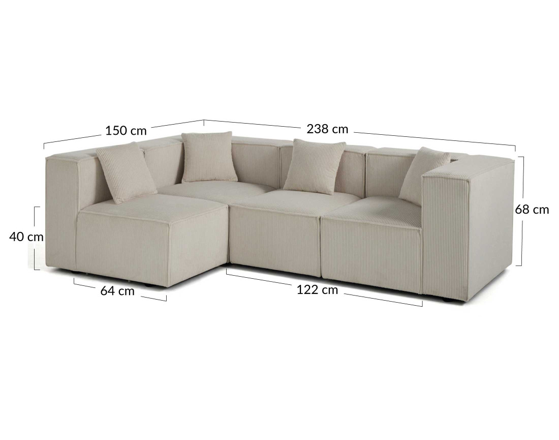 Canapé modulable d'angle gauche 4 places en velours côtelé Arty