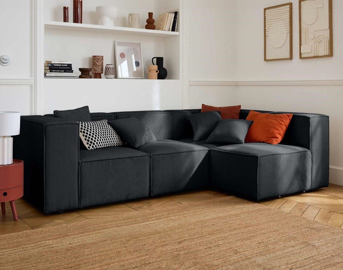 Canapé modulable d'angle droit 4 places en velours côtelé Arty