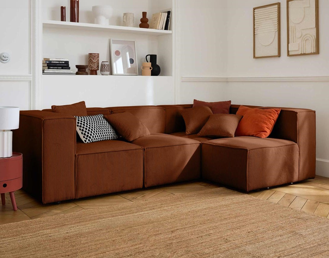 Canapé modulable d'angle droit 4 places en velours côtelé Arty
