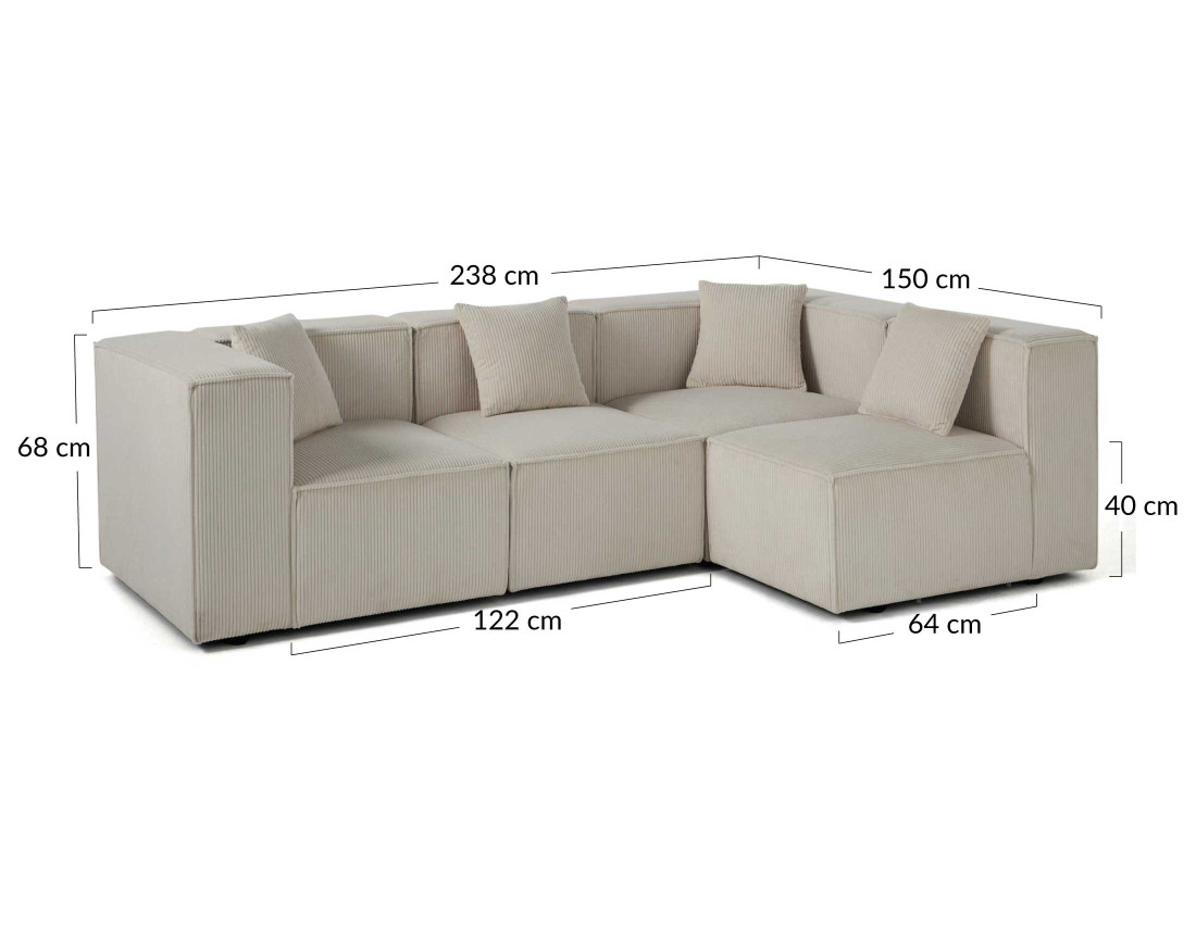 Canapé modulable d'angle droit 4 places en velours côtelé Arty
