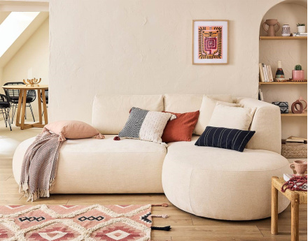 Canapé modulable d'angle droit avec pouf 4 places en tissu texturé Santorini