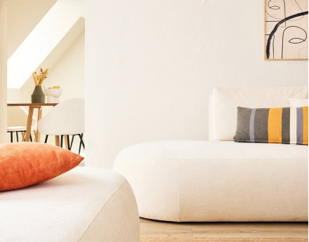 Canapé modulable d'angle droit avec pouf 4 places en tissu texturé Santorini