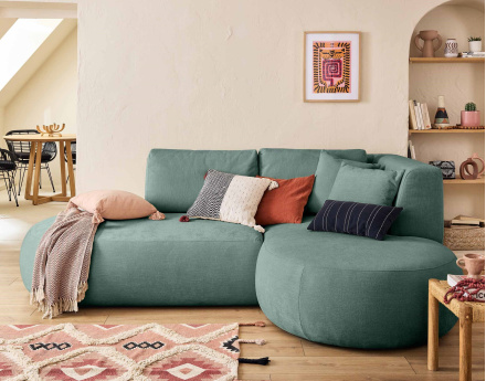 Canapé modulable d'angle droit avec pouf 4 places en tissu texturé Santorini