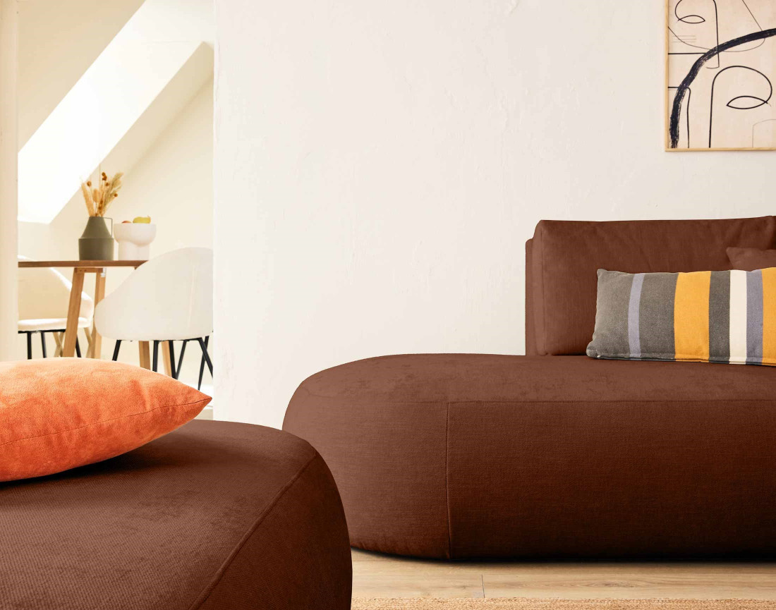 Canapé modulable d'angle droit avec pouf 4 places en tissu texturé Santorini