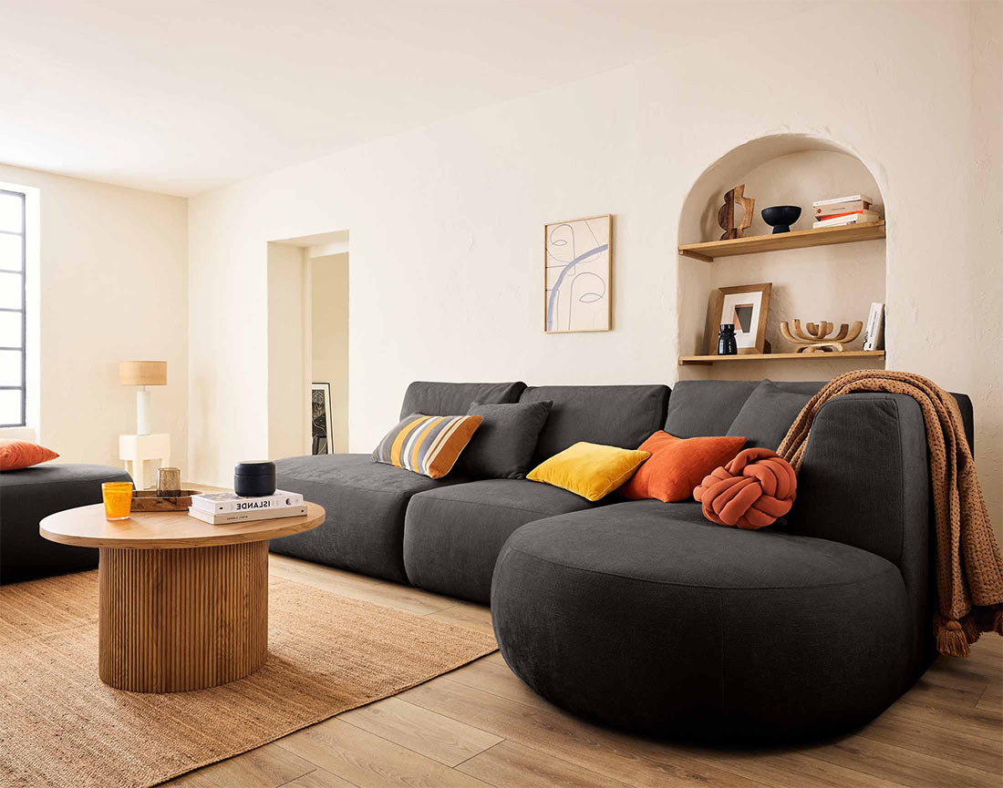 Canapé modulable d'angle droit 5 places en tissu texturé Santorini