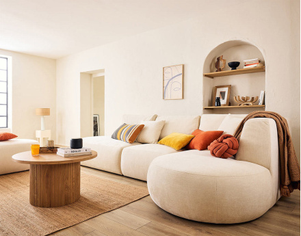 Canapé modulable d'angle droit avec pouf 5 places en tissu texturé Santorini