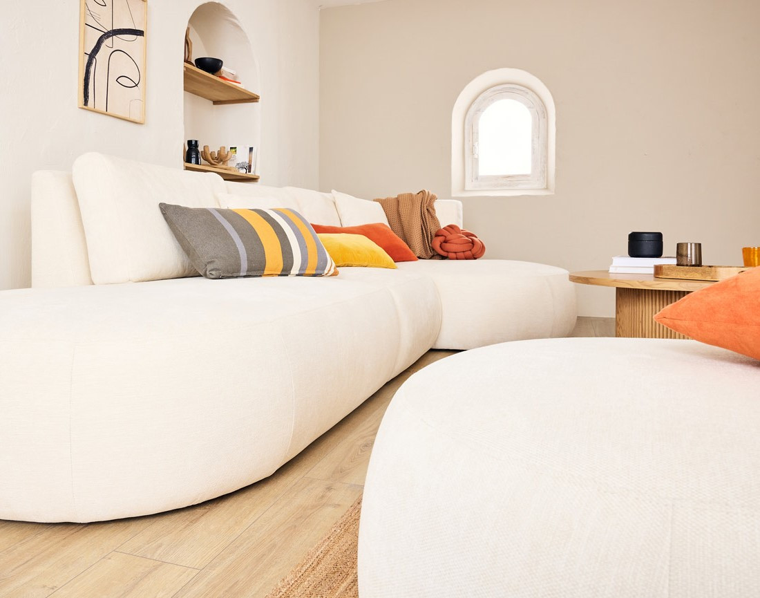 Canapé modulable d'angle droit avec pouf 5 places en tissu texturé Santorini