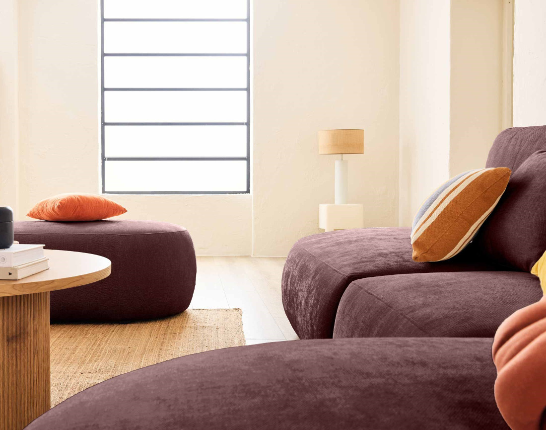 Canapé modulable d'angle droit avec pouf 5 places en tissu texturé Santorini