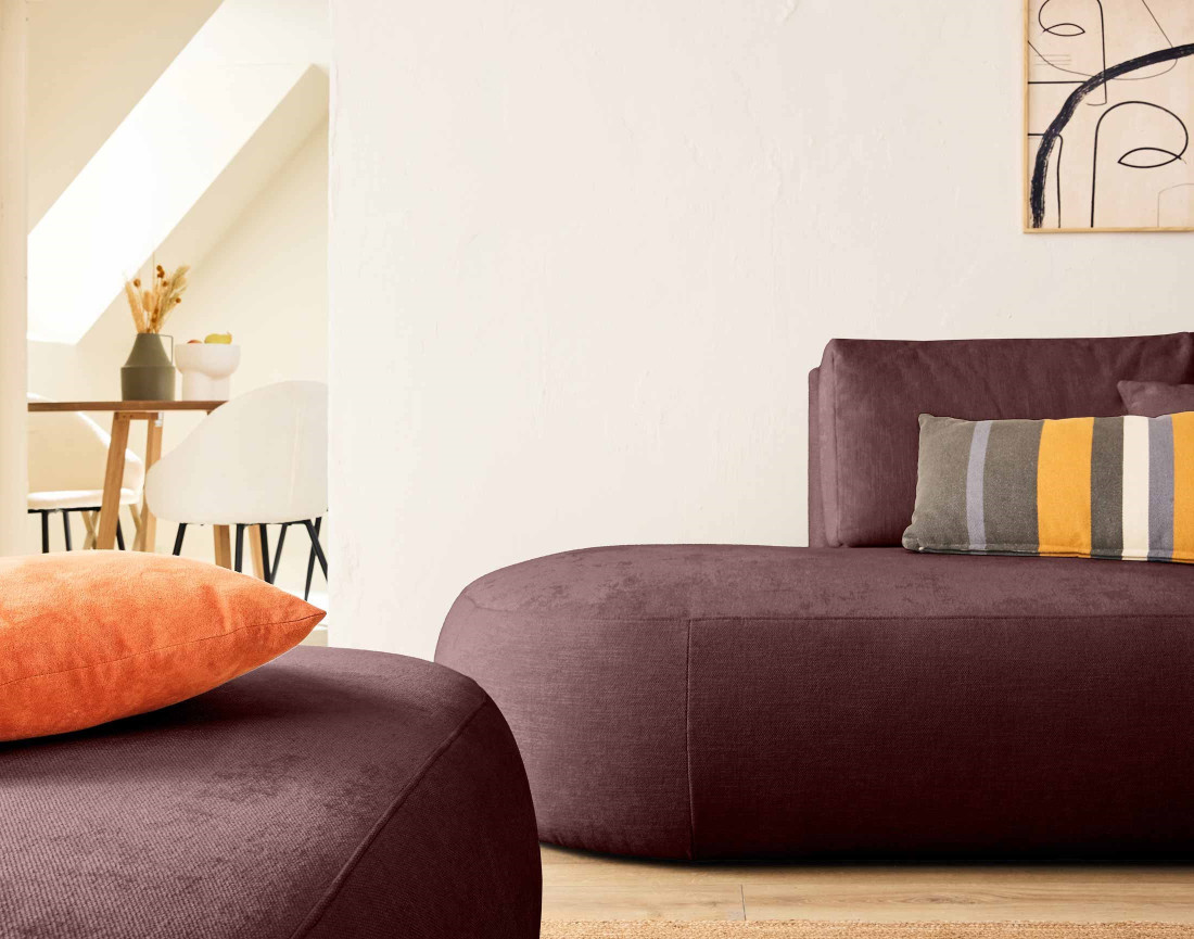 Canapé modulable d'angle droit avec pouf 5 places en tissu texturé Santorini