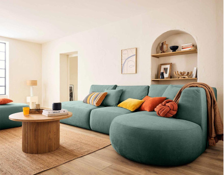 Canapé modulable d'angle droit avec pouf 5 places en tissu texturé Santorini