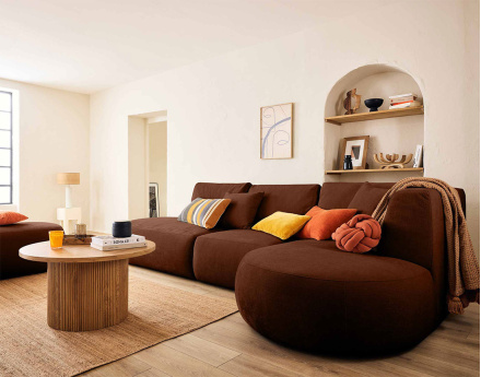 Canapé modulable d'angle droit avec pouf 5 places en tissu texturé Santorini