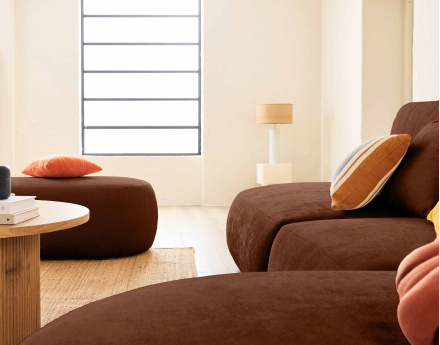 Canapé modulable d'angle droit avec pouf 5 places en tissu texturé Santorini