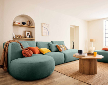 Canapé modulable d'angle gauche avec pouf 5 places en tissu texturé Santorini