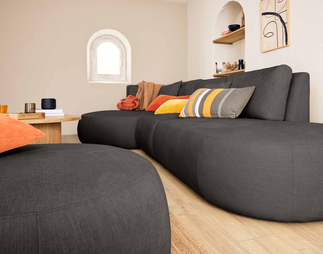 Canapé modulable d'angle gauche avec pouf 5 places en tissu texturé Santorini