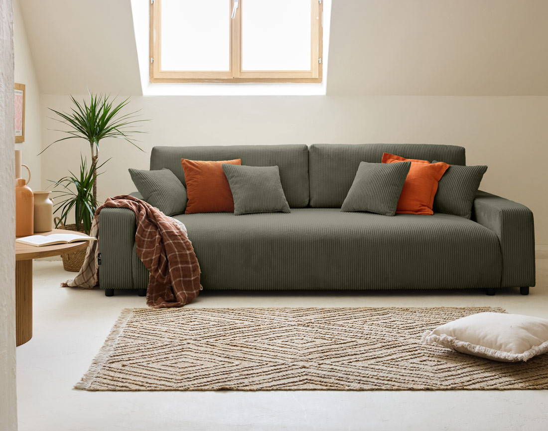 Canapé 3 places convertible avec coffre en velours côtelé Pivoine