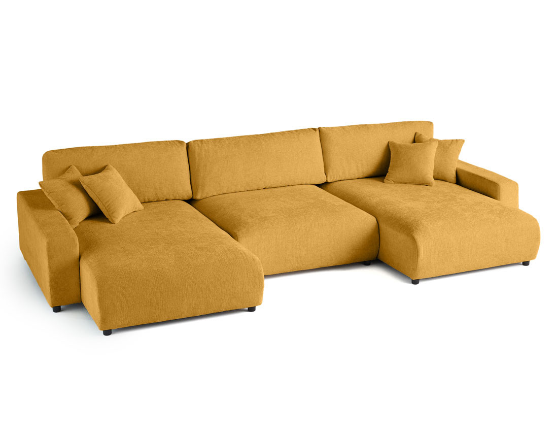 Canapé panoramique en U 7 places convertible avec coffre en velours texturé Pivoine