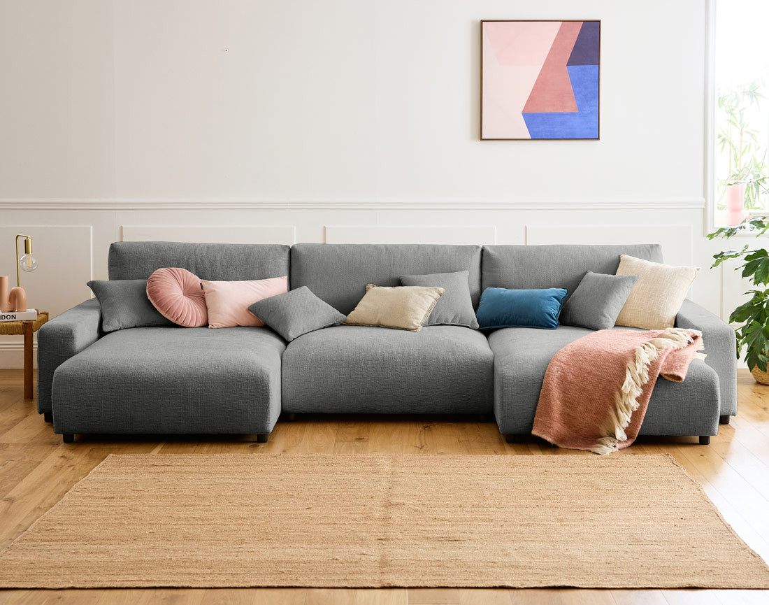 Canapé panoramique en U 7 places convertible avec coffre en velours texturé Pivoine