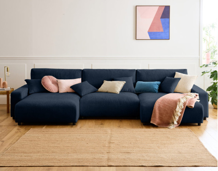 Canapé panoramique en U 7 places convertible avec coffre en velours texturé Pivoine