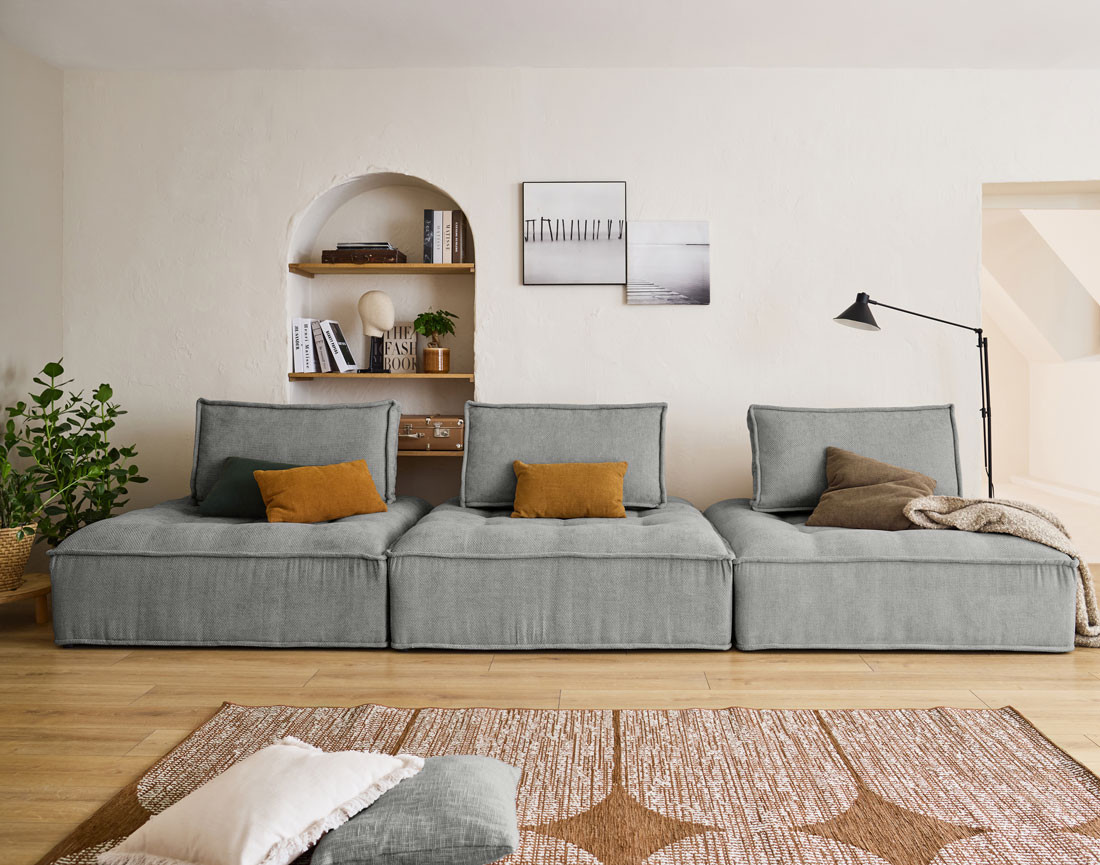 Canapé modulable droit 3 places en velours texturé Marisol