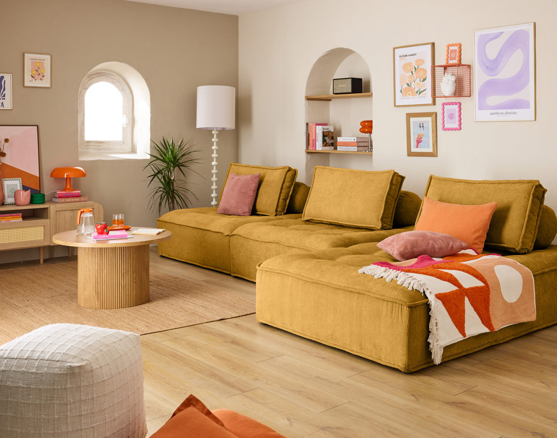 Canapé d'angle modulable 4 places en velours texturé Marisol