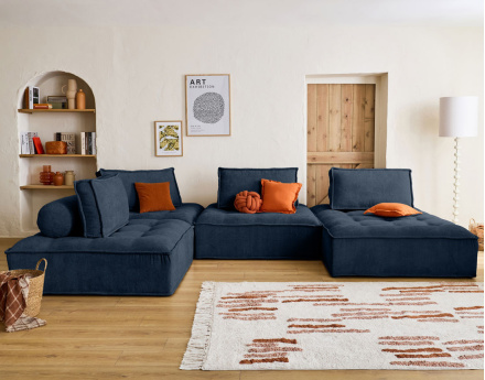 Canapé panoramique modulable 7 places en velours texturé Marisol