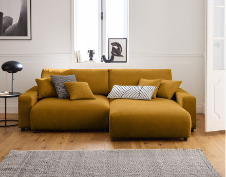 Canapé d'angle réversible 4 places convertible avec coffre en velours texturé Pivoine