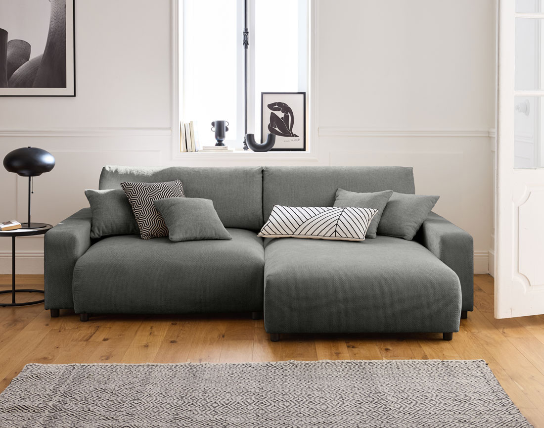 Canapé d'angle réversible 4 places convertible avec coffre en velours texturé Pivoine