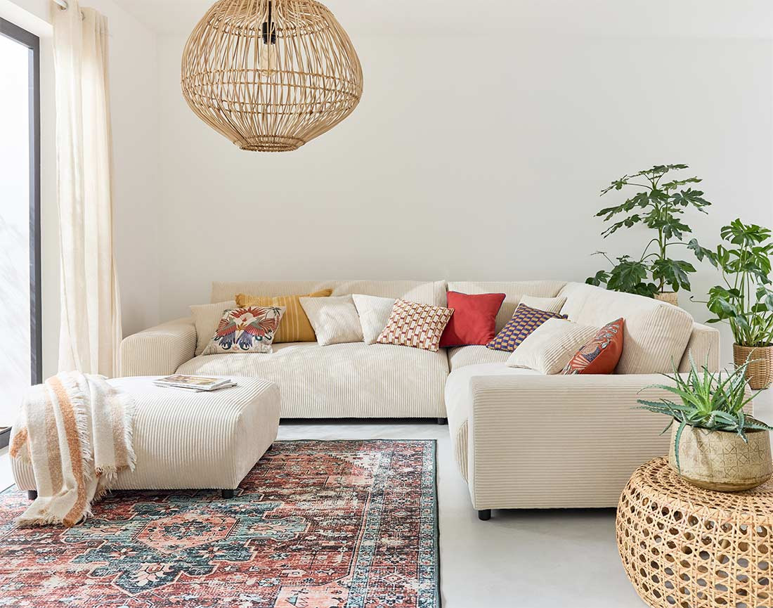 Canapé modulable d'angle droit 5 places en velours côtelé Garance