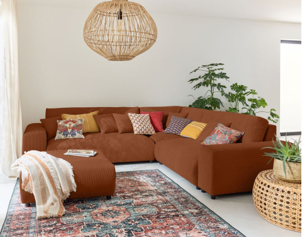 Canapé modulable d'angle droit 5 places en velours côtelé Garance