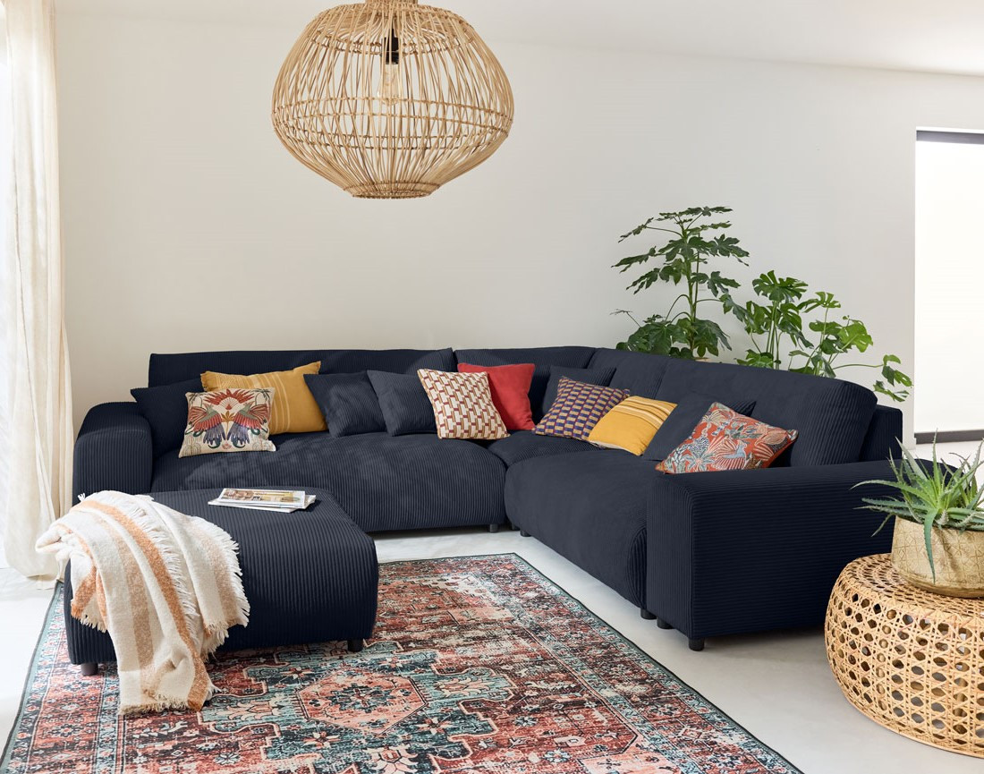 Canapé modulable d'angle droit 5 places en velours côtelé Garance