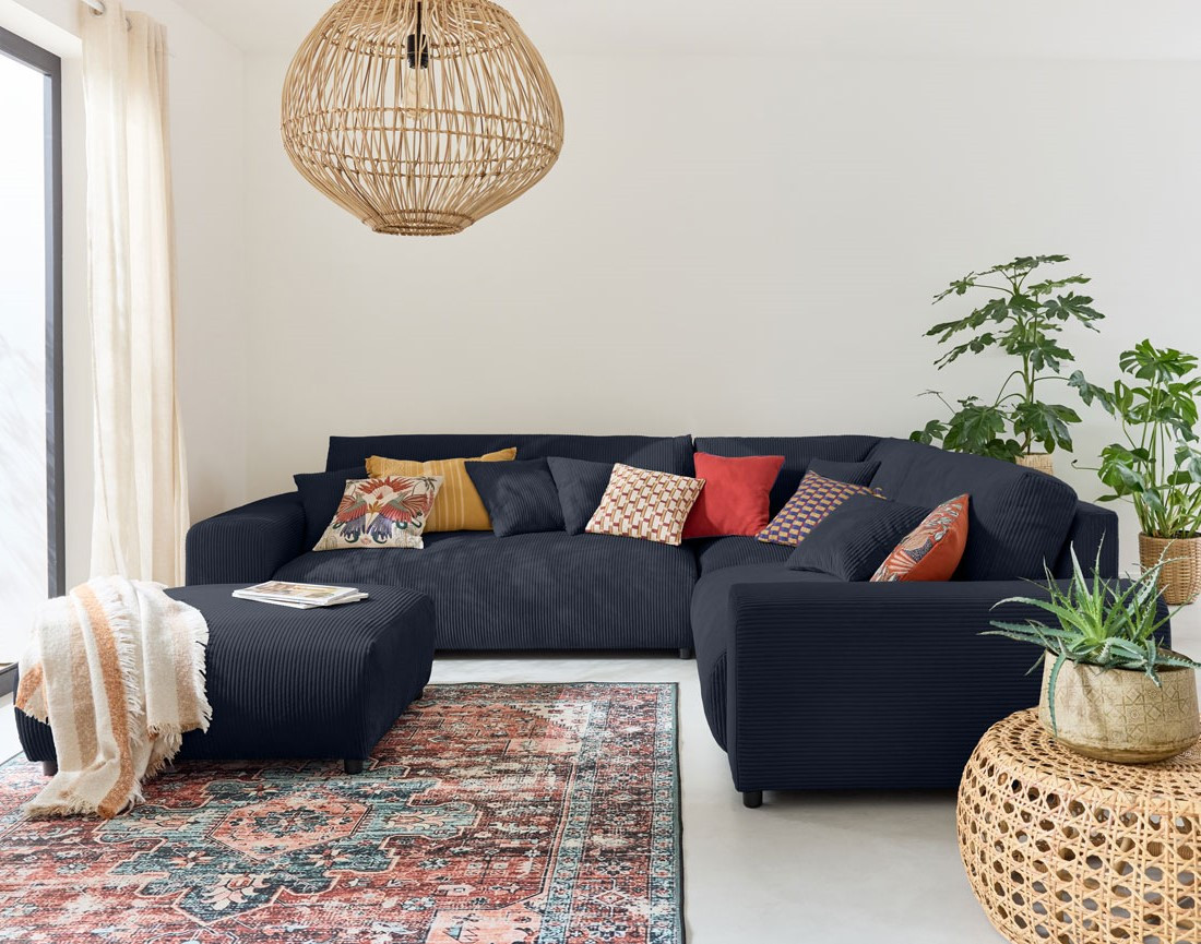 Canapé modulable d'angle droit 5 places en velours côtelé Garance