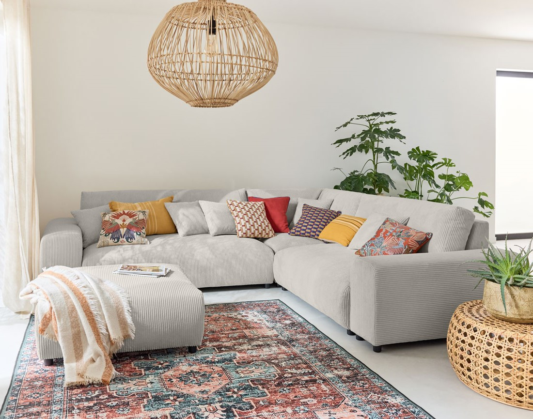 Canapé modulable d'angle droit 5 places en velours côtelé Garance