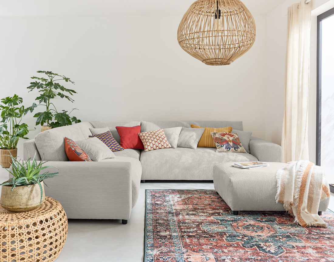 Canapé modulable d'angle gauche 5 places en velours côtelé Garance