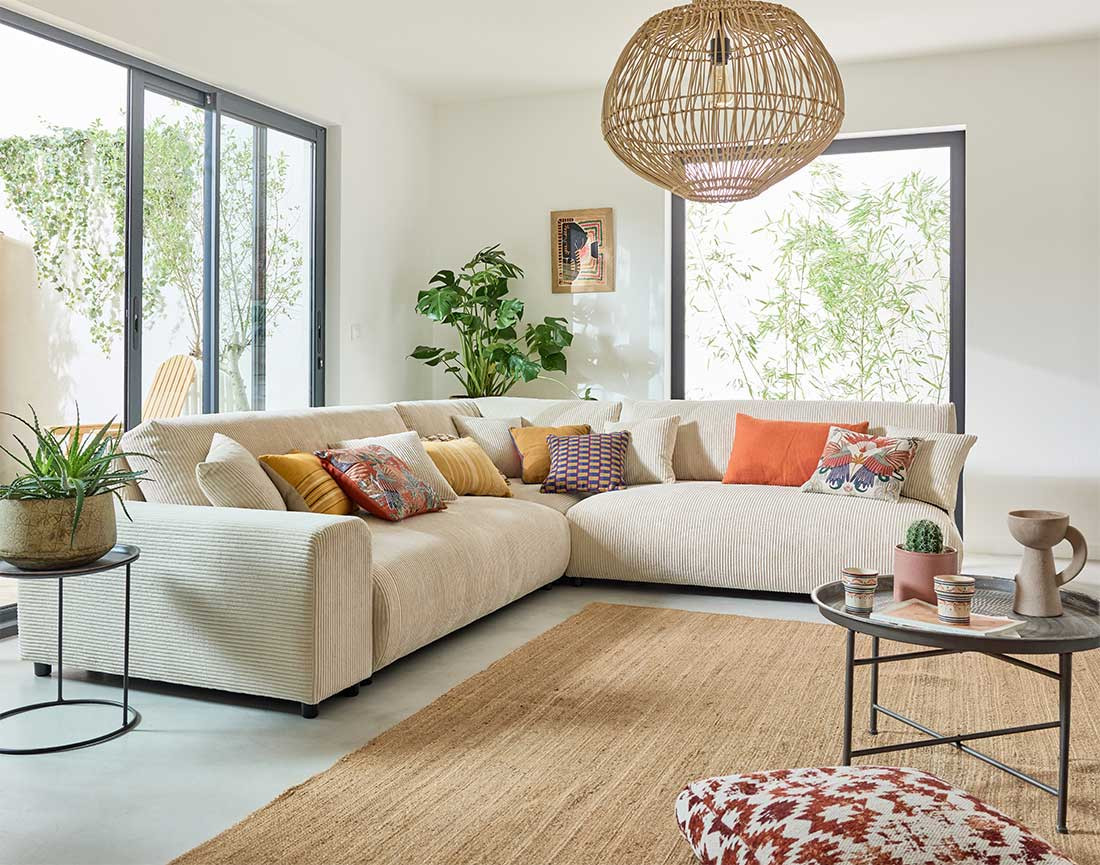 Canapé modulable d'angle droit 6 places en velours côtelé Garance