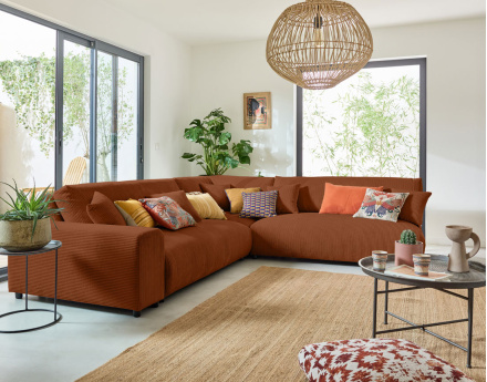 Canapé modulable d'angle droit 6 places en velours côtelé Garance