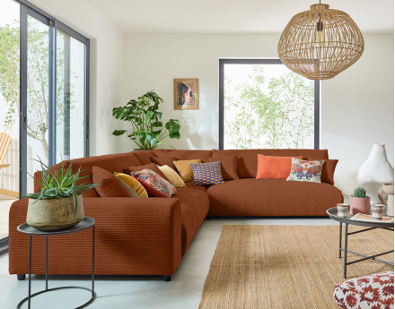 Canapé modulable d'angle droit 6 places en velours côtelé Garance