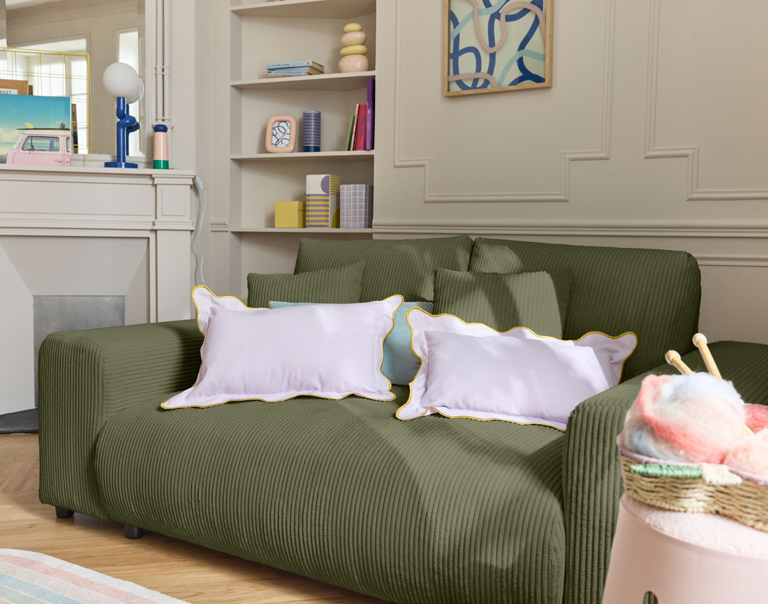 Canapé droit 2 places en velours côtelé Garance