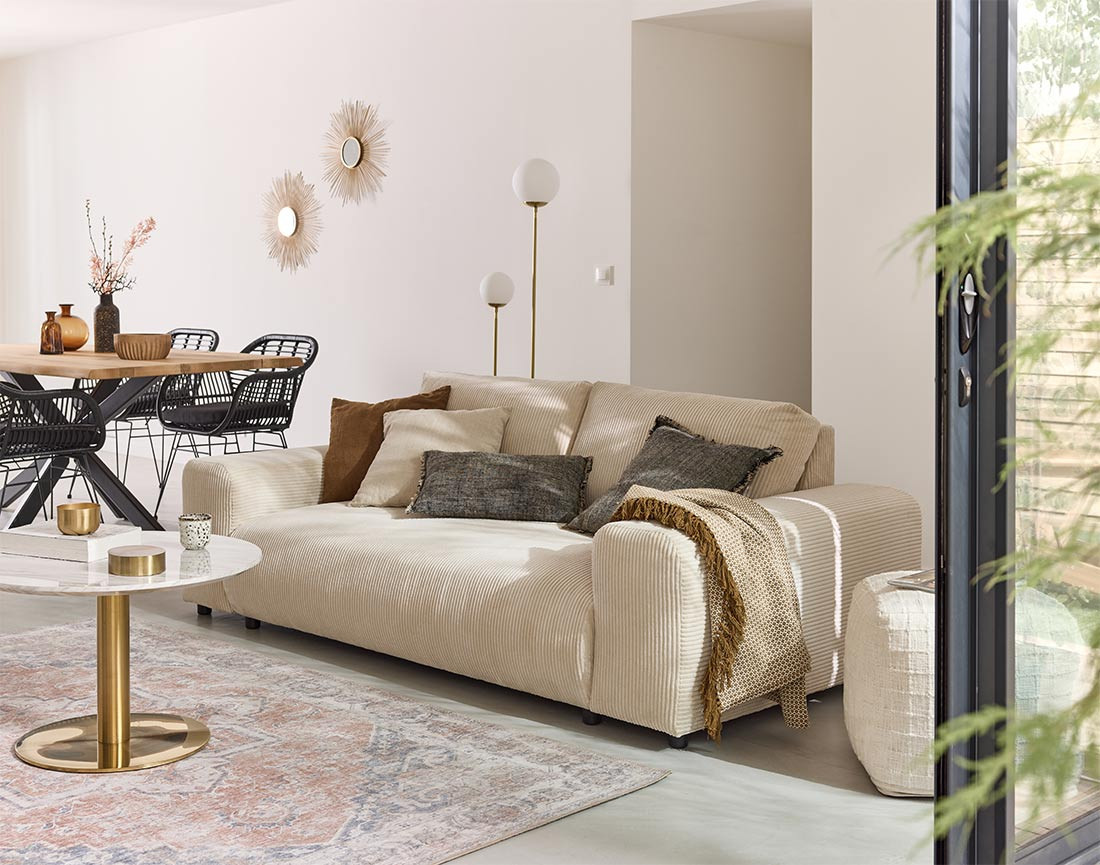 Canapé droit 3 places en velours côtelé Garance