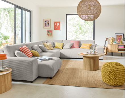 Canapé modulable d'angle droit 8 places en velours côtelé Garance